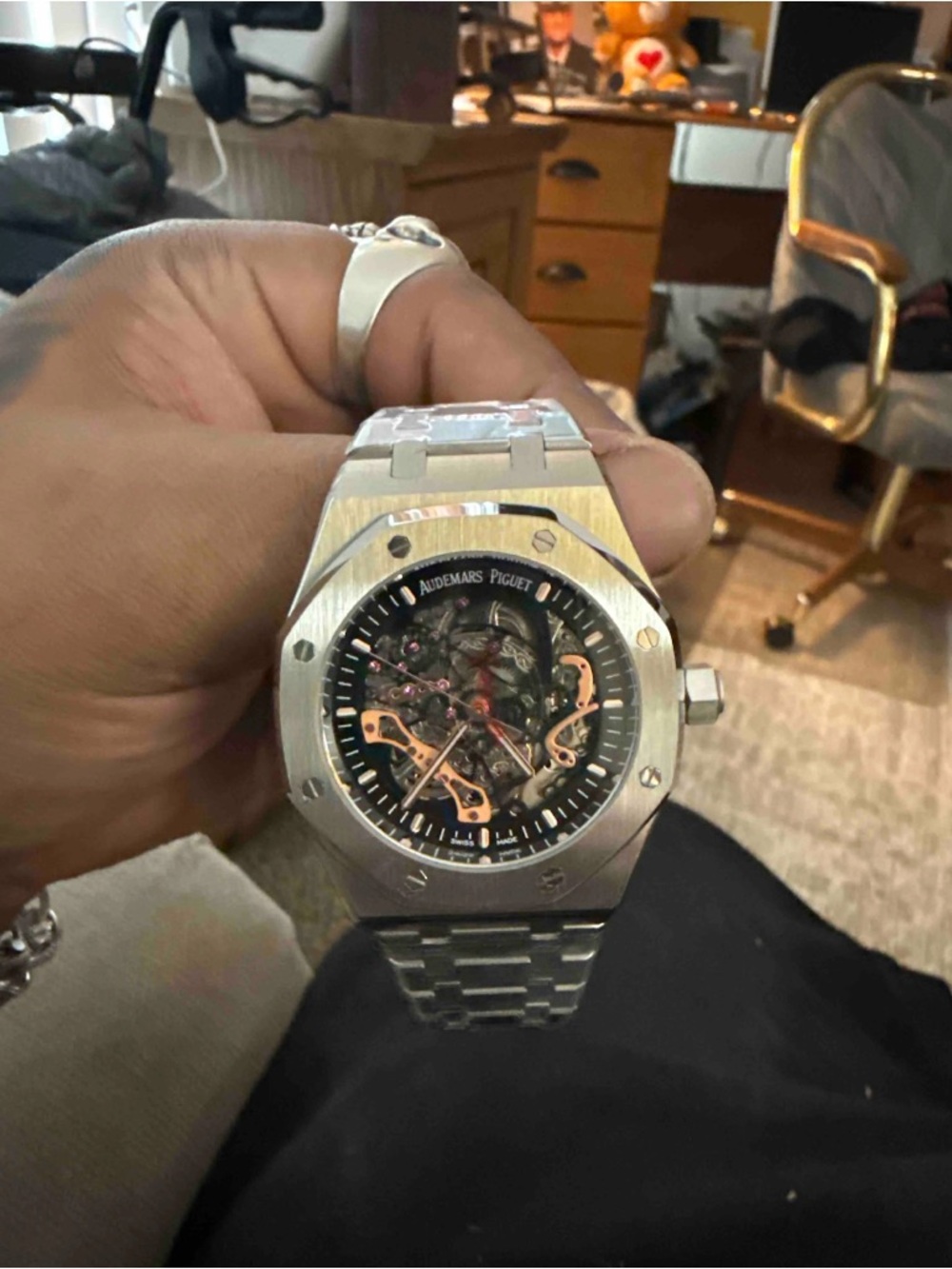 Audemars Piguet Silver Bracelet Skeleton Dial Watch with Rose-Gold Accents